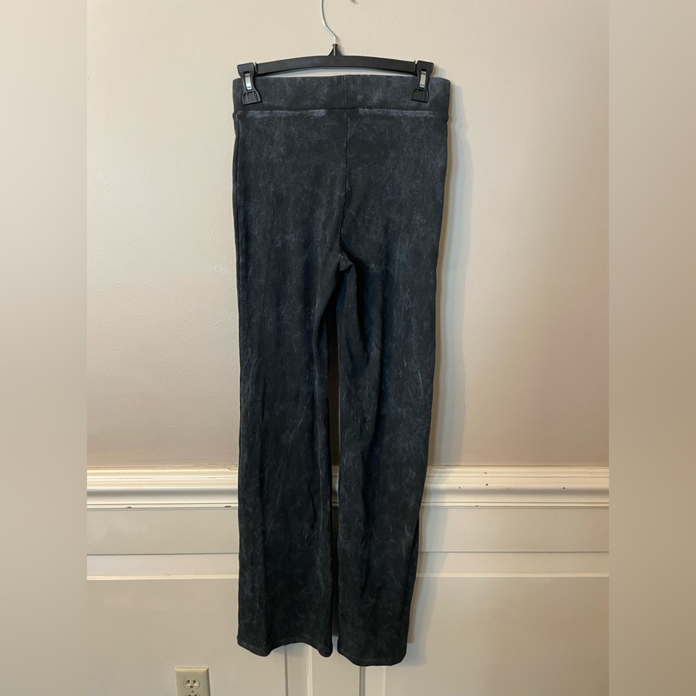 Women's Topshop Black Gray Skinny Ribbed Wide Flared Leg Pants Size 6 High Rise